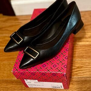Tory Burch Black Leather Flats with Gold Accent